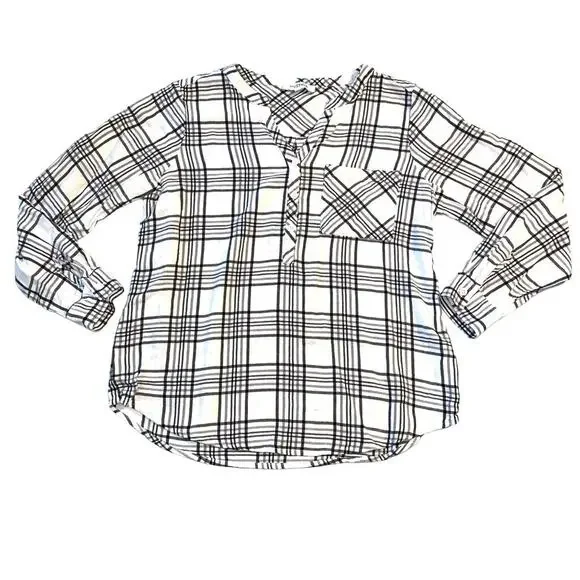 mySTYL Womens Shirt Top Plaid Button Up Long Sleeve Black White Pullover Large - Picture 1 of 9